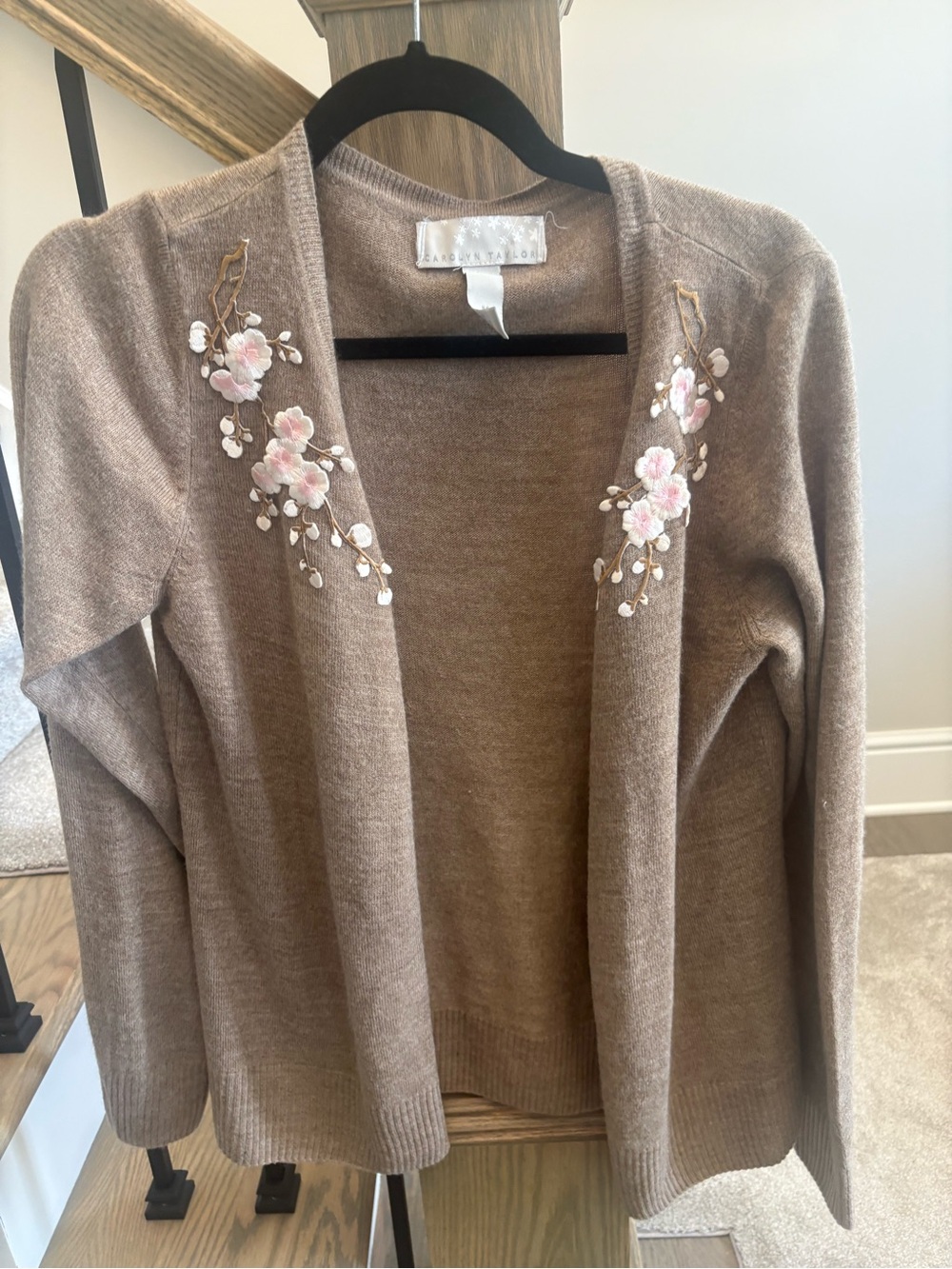 Carolyn Taylor Taupe Open-Front Cardigan with Pink Floral Embroidery